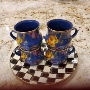 MacKenzie-Childs Cobalt Blue Floral Mugs with Gold Trim - Set of 4